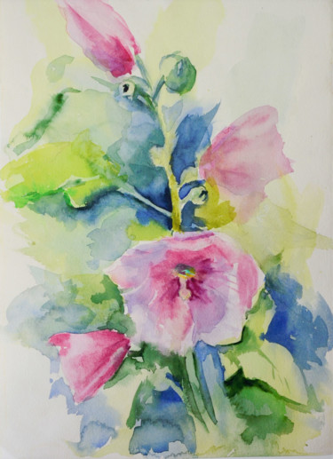 Painting titled "Mallow Blossom Wate…" by Olivkan Art, Original Artwork, Watercolor