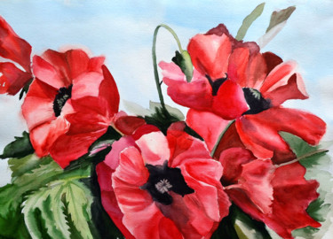 Painting titled "Poppy Floral Waterc…" by Olivkan Art, Original Artwork, Watercolor
