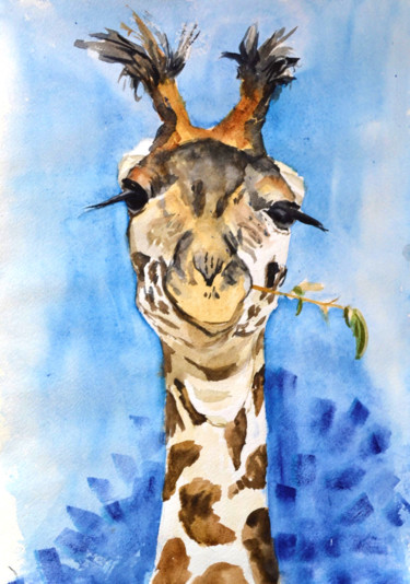 Pintura intitulada "Giraffe Painting Sa…" por Olivkan Art, Obras de arte originais, Aquarela