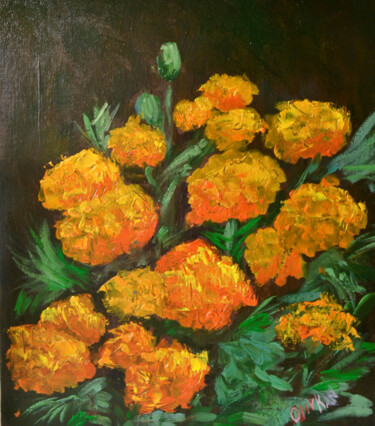 Painting titled "Tagetes Flower Art…" by Olivkan Art, Original Artwork, Oil