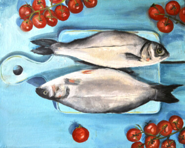 Painting titled "Fish Painting Kitch…" by Olivkan Art, Original Artwork, Oil Mounted on Wood Stretcher frame