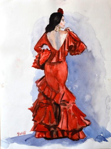 Картина под названием "Flamenco dance wate…" - Olivkan Art, Подлинное произведение искусства, Акварель