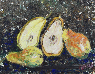 Painting titled "Pear Still Life" by Olivkan Art, Original Artwork, Oil Mounted on Cardboard