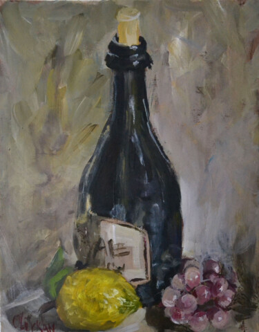 Painting titled "Wine Bottle Artwork…" by Olivkan Art, Original Artwork, Oil