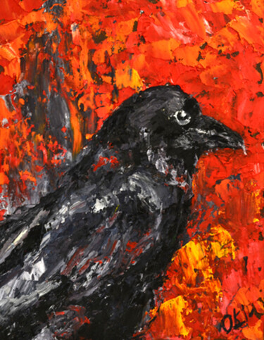Painting titled "Raven Oil Art Bird" by Olivkan Art, Original Artwork, Oil Mounted on Cardboard