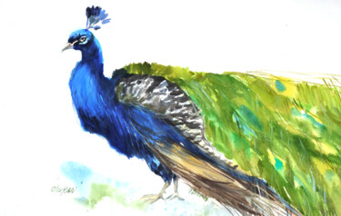 Pintura intitulada "Peacock Watercolor…" por Olivkan Art, Obras de arte originais, Aquarela
