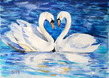 Pintura intitulada "Swan Watercolor Whi…" por Olivkan Art, Obras de arte originais, Aquarela