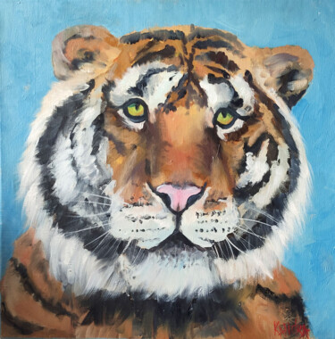 Painting titled "Tiger Oil Painting…" by Olivkan Art, Original Artwork, Oil Mounted on Wood Stretcher frame