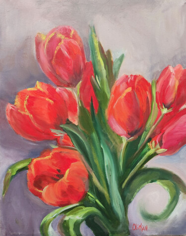 Painting titled "Tulip Painting Red…" by Olivkan Art, Original Artwork, Oil Mounted on Other rigid panel