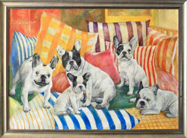 Painting titled "Five buldogs on sof…" by Oxana Antonenko, Original Artwork, Oil Mounted on Wood Stretcher frame