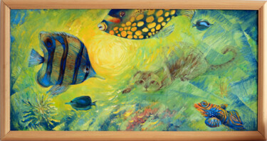 Painting titled "Aquarium and cat" by Oxana Antonenko, Original Artwork, Oil Mounted on Wood Stretcher frame