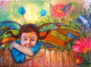 Painting titled "girl-buterfly" by Oxana Antonenko, Original Artwork, Oil