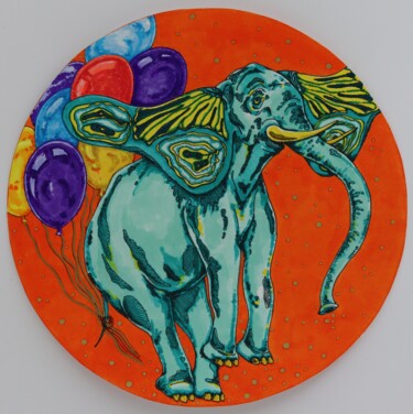 Dessin intitulée "Blue elephant." par Oxana Kondratenko, Œuvre d'art originale, Marqueur