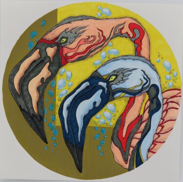 Desenho intitulada "Flamingo (yellow 3)" por Oxana Kondratenko, Obras de arte originais, Marcador