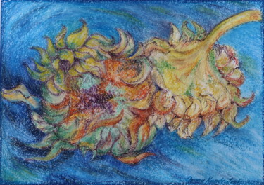 Dessin intitulée "sunflowers(blue)" par Oxana Kondratenko, Œuvre d'art originale, Pastel