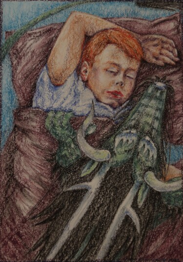 Malerei mit dem Titel "Child and dragon" von Oxana Kondratenko, Original-Kunstwerk, Pastell