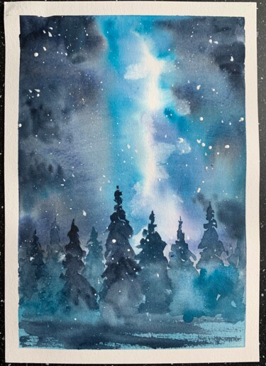 Malerei mit dem Titel "Winter landscape" von Oxana Lukyanenko (Oxana Luky), Original-Kunstwerk, Aquarell