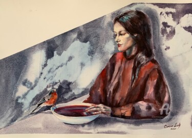 Malerei mit dem Titel "Снегирь" von Oxana Luky, Original-Kunstwerk, Aquarell