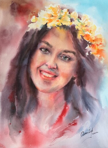 Malerei mit dem Titel "Солнечная девочка" von Oxana Luky, Original-Kunstwerk, Aquarell