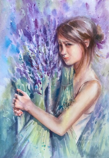 Painting titled "Girl with lavender" by Oxana Luky, Original Artwork, Watercolor
