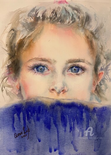 Painting titled "Girl with a blue ey…" by Oxana Luky, Original Artwork, Watercolor