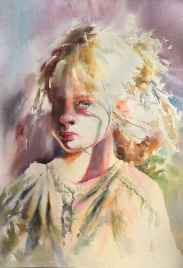 Картина под названием "Gloomy girl in the…" - Oxana Luky, Подлинное произведение искусства, Акварель