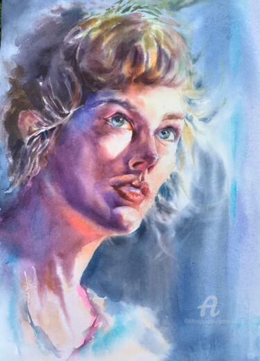 Painting titled "Very peri portrait" by Oxana Luky, Original Artwork, Watercolor