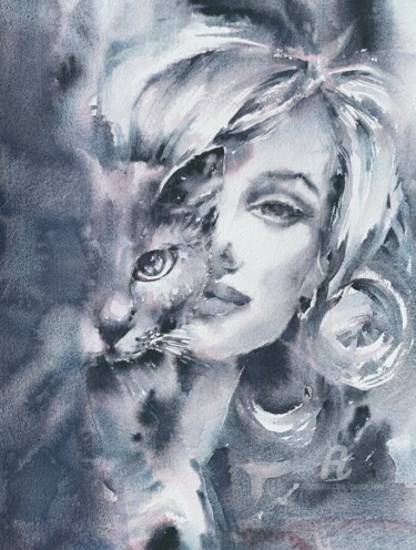 Painting titled "Black and white cin…" by Oxana Luky, Original Artwork, Watercolor