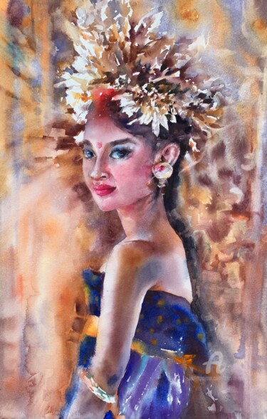Peinture intitulée "Beautiful Bali" par Oxana Luky, Œuvre d'art originale, Aquarelle