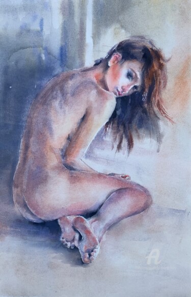 Painting titled "Naked silence #3" by Oxana Luky, Original Artwork, Watercolor