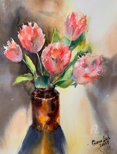 Painting titled "Tulips" by Oxana Luky, Original Artwork, Watercolor