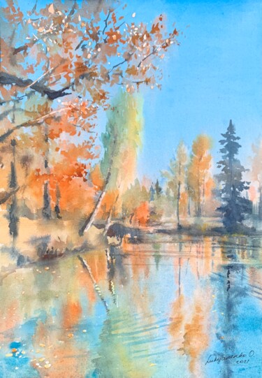 Pintura intitulada "Autumn silence" por Oxana Luky, Obras de arte originais, Aquarela