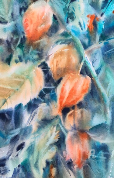 Painting titled "Physalis" by Oxana Luky, Original Artwork, Watercolor