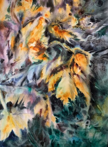 Pittura intitolato "“Frosty leaves”" da Oxana Luky, Opera d'arte originale, Acquarello