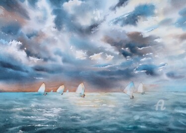 Peinture intitulée "Regatta - boats, se…" par Oxana Luky, Œuvre d'art originale, Aquarelle