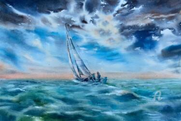 Painting titled "Off the coast of Gr…" by Oxana Luky, Original Artwork, Watercolor