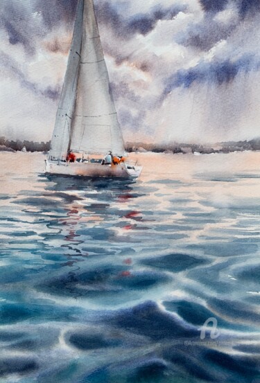 Schilderij getiteld "Regatta #2- boat, s…" door Oxana Luky, Origineel Kunstwerk, Aquarel