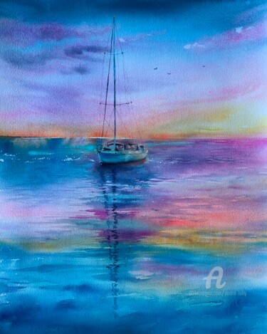 Painting titled "Yacht- seascape, su…" by Oxana Luky, Original Artwork, Watercolor