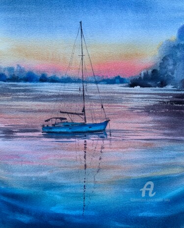 Painting titled "Yacht -2, seascape,…" by Oxana Luky, Original Artwork, Watercolor