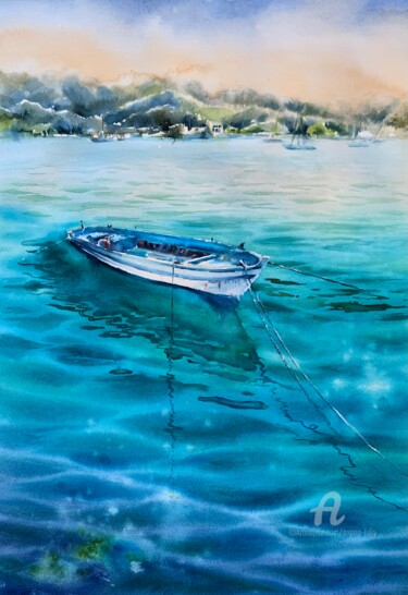 Schilderij getiteld "Yacht #3- seascape,…" door Oxana Luky, Origineel Kunstwerk, Aquarel