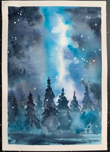 Pintura intitulada "Winter landscape" por Oxana Luky, Obras de arte originais, Aquarela