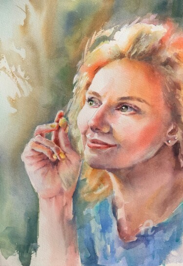 Peinture intitulée "Selfie portrait" par Oxana Luky, Œuvre d'art originale, Aquarelle