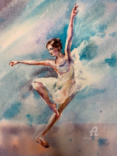 Картина под названием "Flying ballerina, p…" - Oxana Luky, Подлинное произведение искусства, Акварель