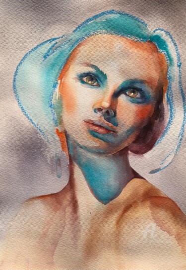 Painting titled "“Turquoise Barbie”" by Oxana Luky, Original Artwork, Watercolor