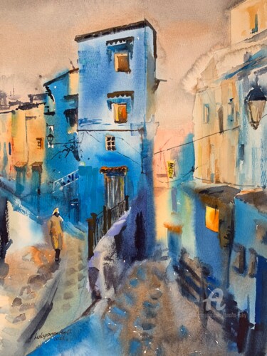 Painting titled "Blue city" by Oxana Luky, Original Artwork, Watercolor