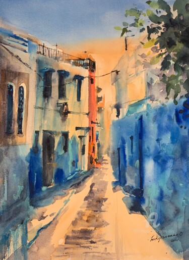 Pintura intitulada "Blue city #2" por Oxana Luky, Obras de arte originais, Aquarela