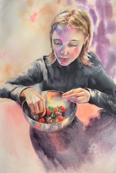 Painting titled "Strawberry season" by Oxana Luky, Original Artwork, Watercolor