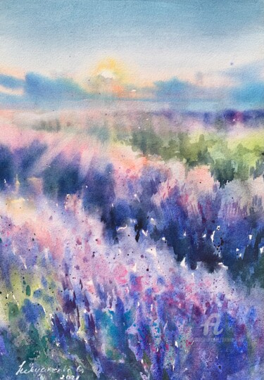 Painting titled "Lavender field" by Oxana Luky, Original Artwork, Watercolor