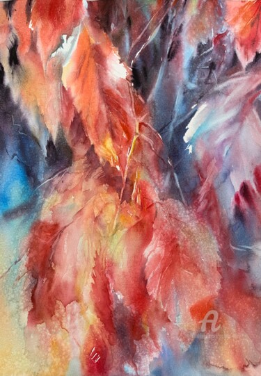 Schilderij getiteld "“Red leaves “" door Oxana Luky, Origineel Kunstwerk, Aquarel