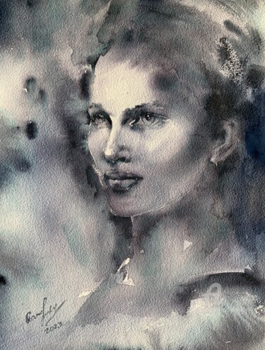 Painting titled "Moonlit eyes" by Oxana Luky, Original Artwork, Watercolor